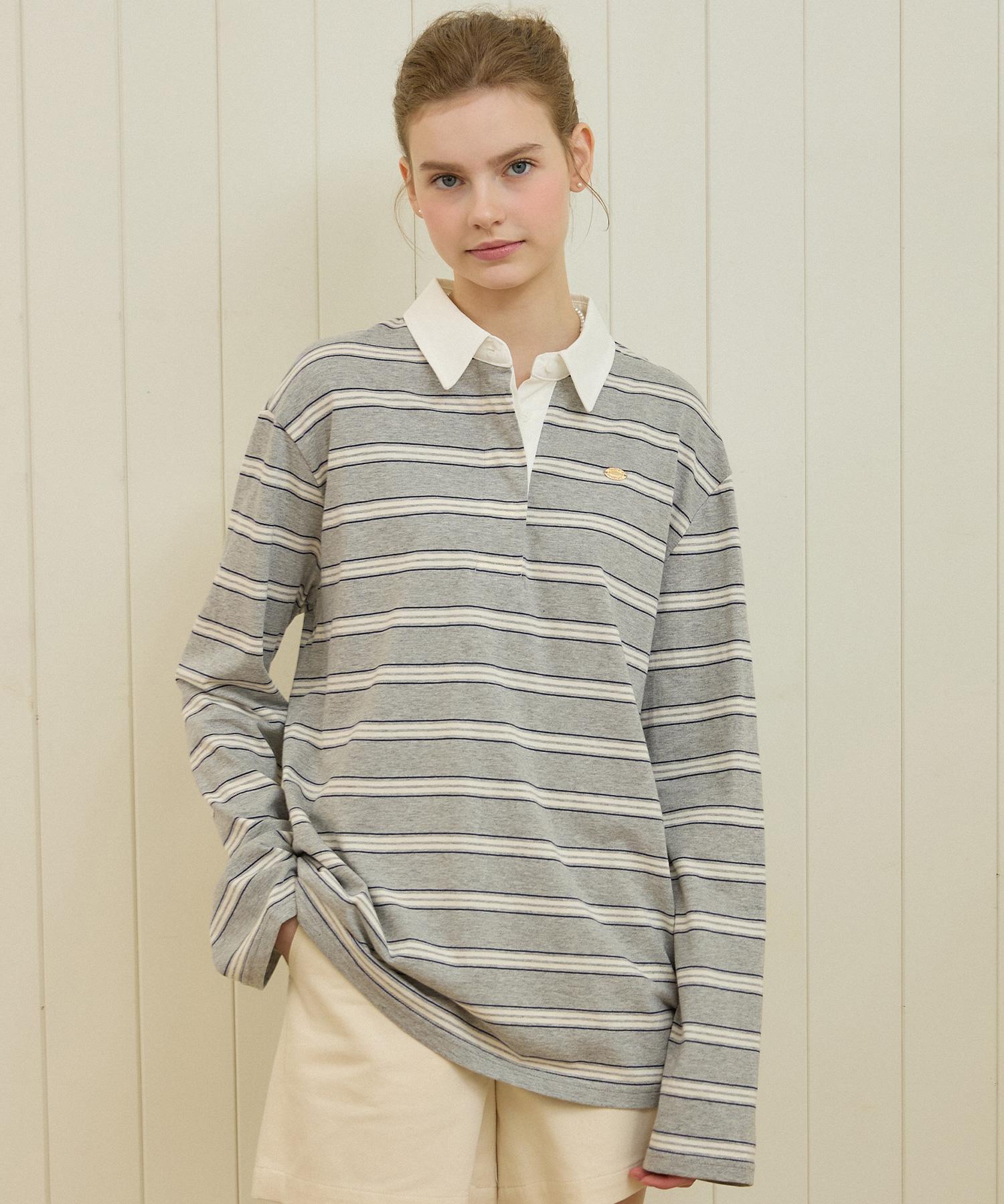 Nonlocal Collar Stripe Over-Fit Long Sleeve - Gray Grey