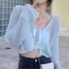 Summer Thin French V-neck Knitted Cardigan Fresh and Sweet Design Lace-up Hollow Blouse Short Top Women