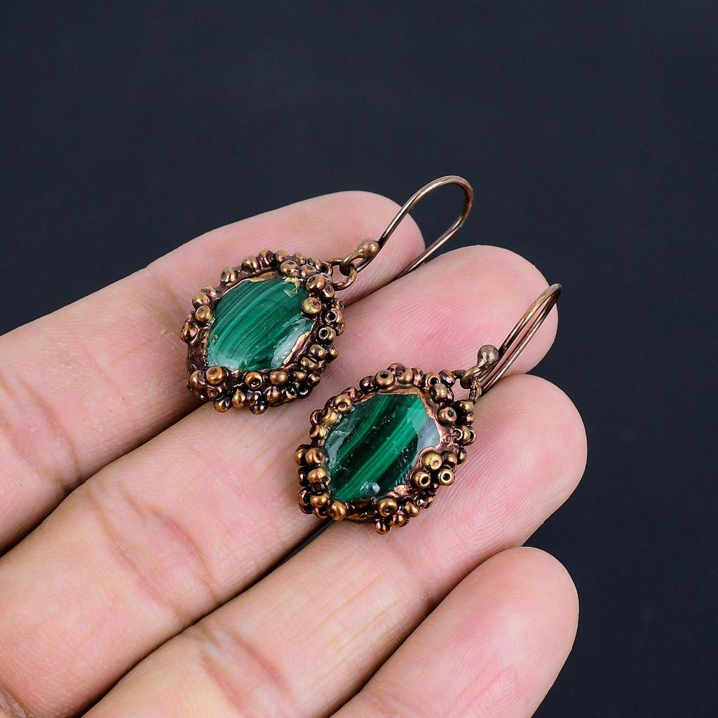Cercei Malahit, Bijuterii Electroformate din Cupru, Cadou Pentru Femei Cercei Handmade Bijuterii cu Pietre Prețioase