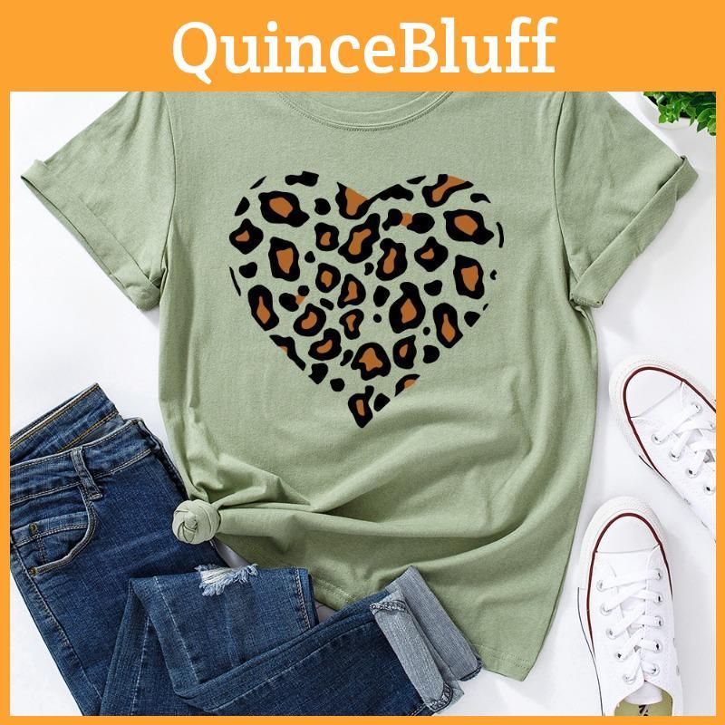 Leopard Print Womens Summer Printed Heartshaped Loose Round Neck Pure Cotton Short Sleeved Tshirts Womens