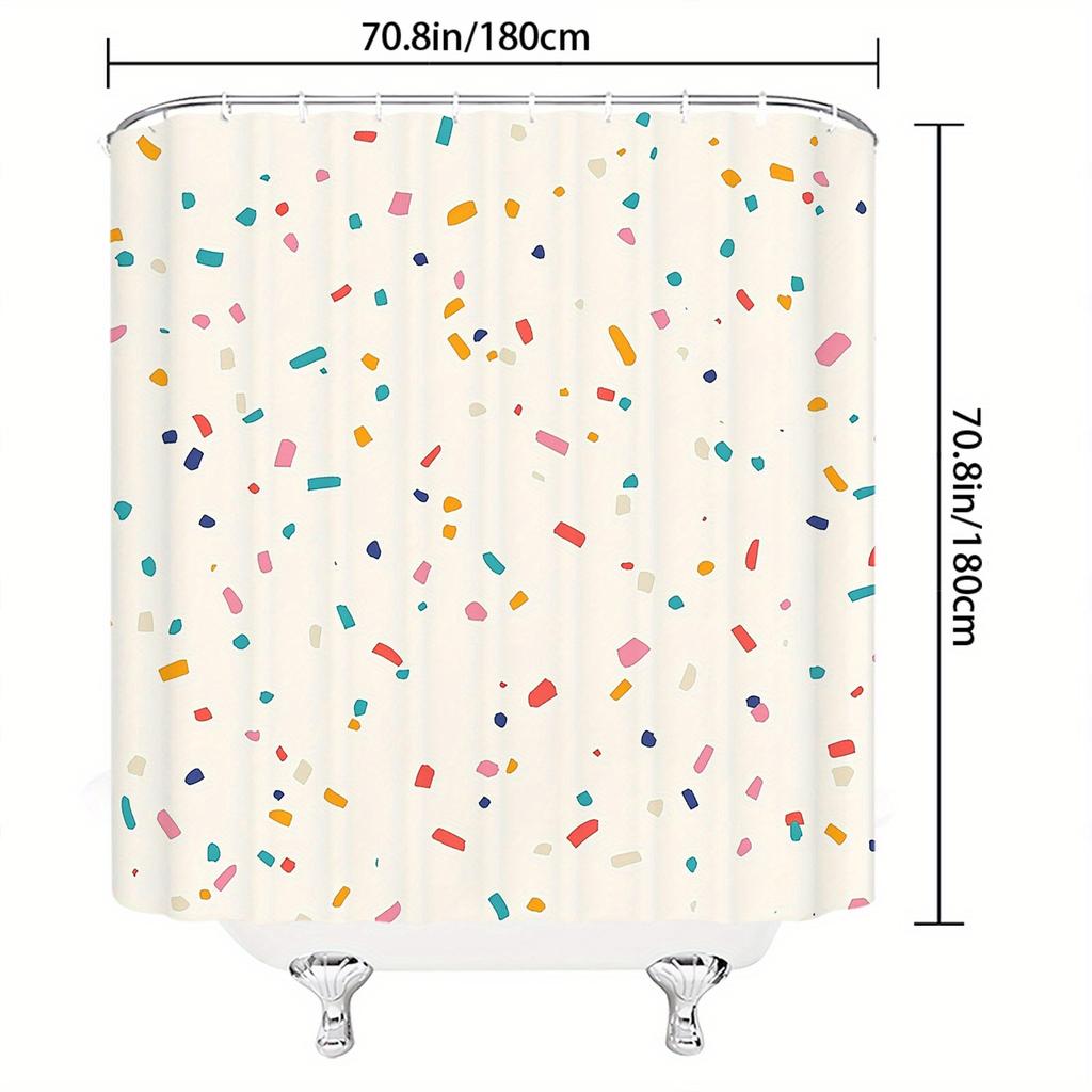 Colorful Confetti Shower Curtain - Playful Minimalist Design, Pink, Orange, Blue, Yellow, Brown & White, Polyester