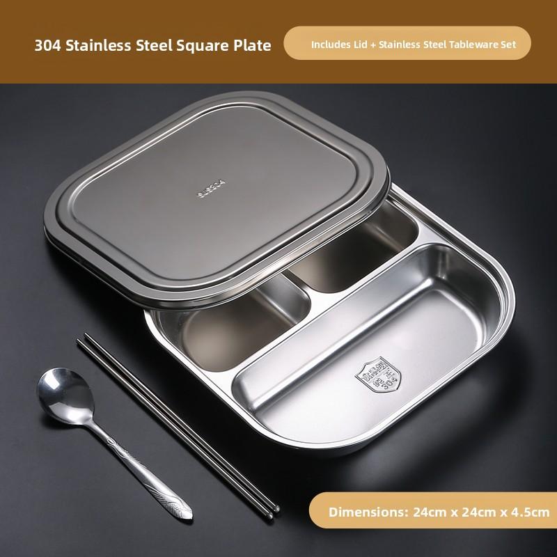 304 Food Grade Stainless Steel Meal Plate Divided with Lid Adult Three Compartment Lunch Box School Student Fast Food Plate