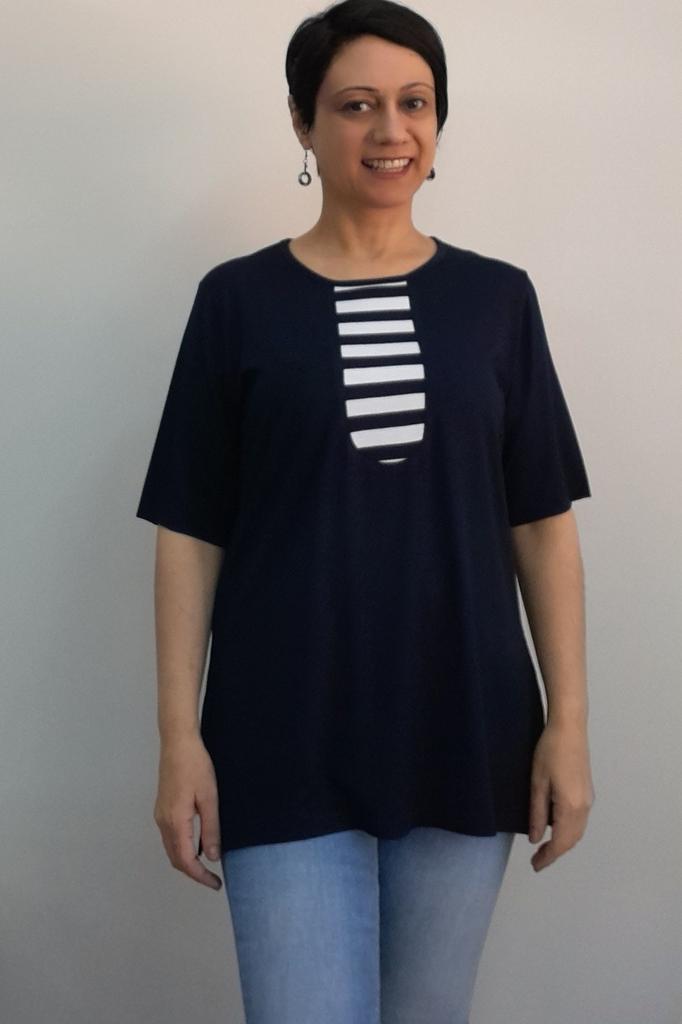 Women's Style Big Size T-Shirt Navy Blue, Navy Blue Color Blocked Combed Cotton Viscose T-Shirt