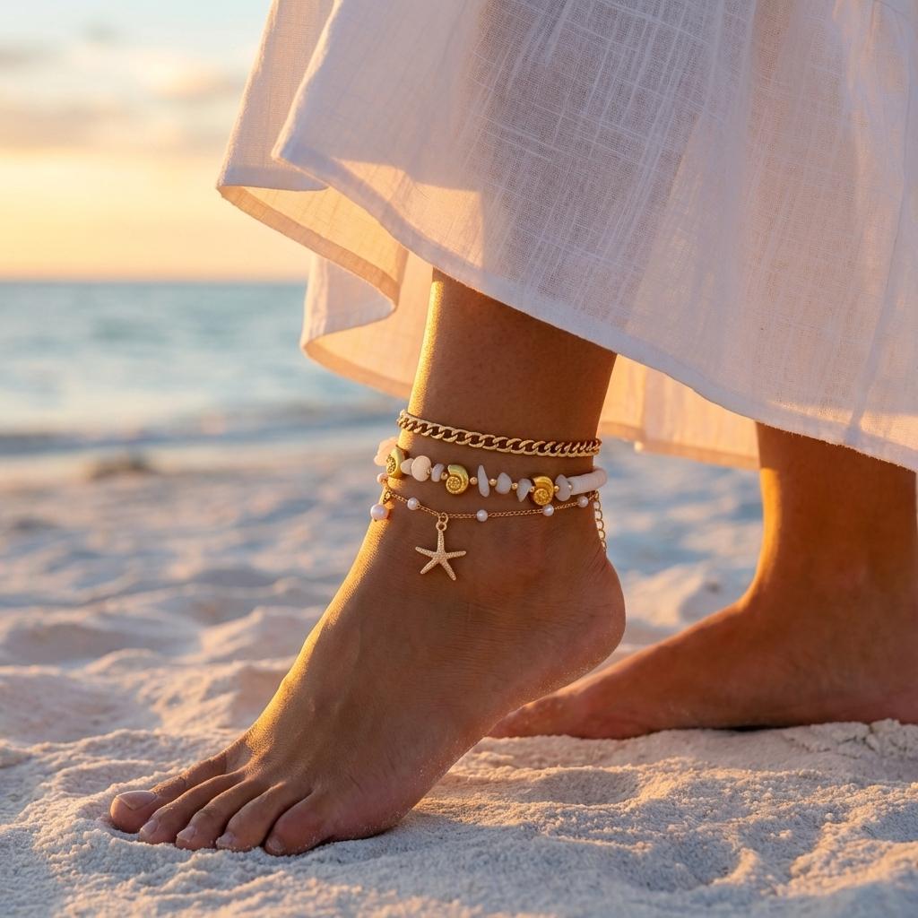 Bohemian Layered Anklet Set for Women Gold Tone Starfish Seashell Faux Pearl Polymer Clay Adjustable Beach Foot Bracelet