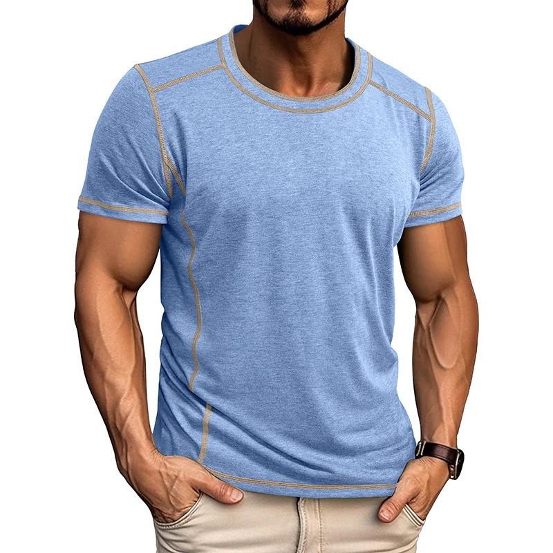Men's Casual Contrast Stitching Crew Neck T-shirt Short Sleeve Slim Fit Sports Tee