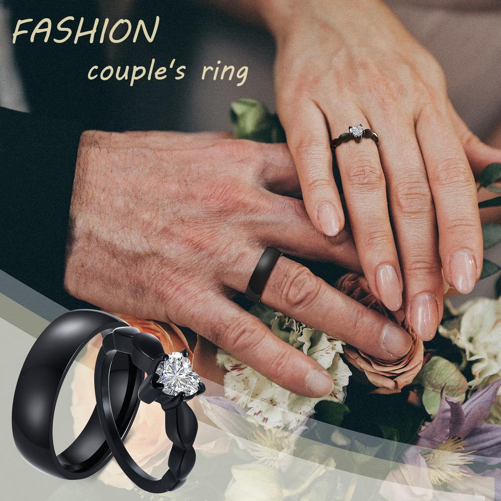 Vnox Romantic Heart CZ Stone Couple Wedding Rings for Women Men, Black Color Stainless Steel Bands Engagement Jewelry, Love Gift