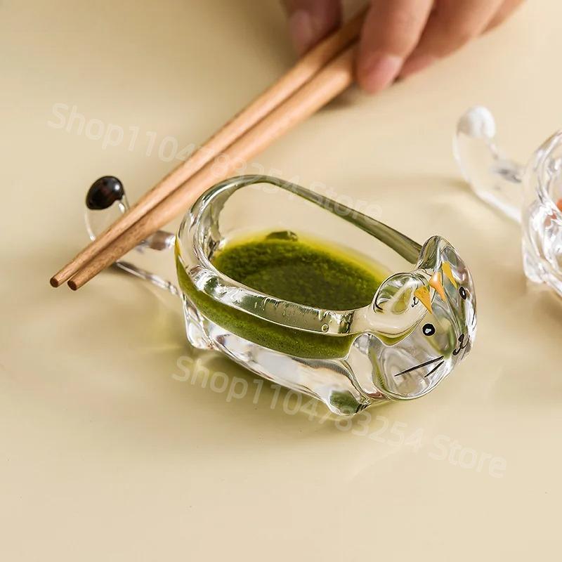 Cat Crystal Glass Seasoning Dish Dipping Saucer Sauce Dishes Chopstick Holder Soy Sauce Vinegar Dish Spice Dishes Spice Bowl