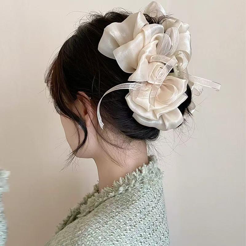 Sweet  Rose Bow Hair Clip For Women Girls Mesh Gentle Elegant Shark Clip Temperament Versatile Hair Accessories Gifts