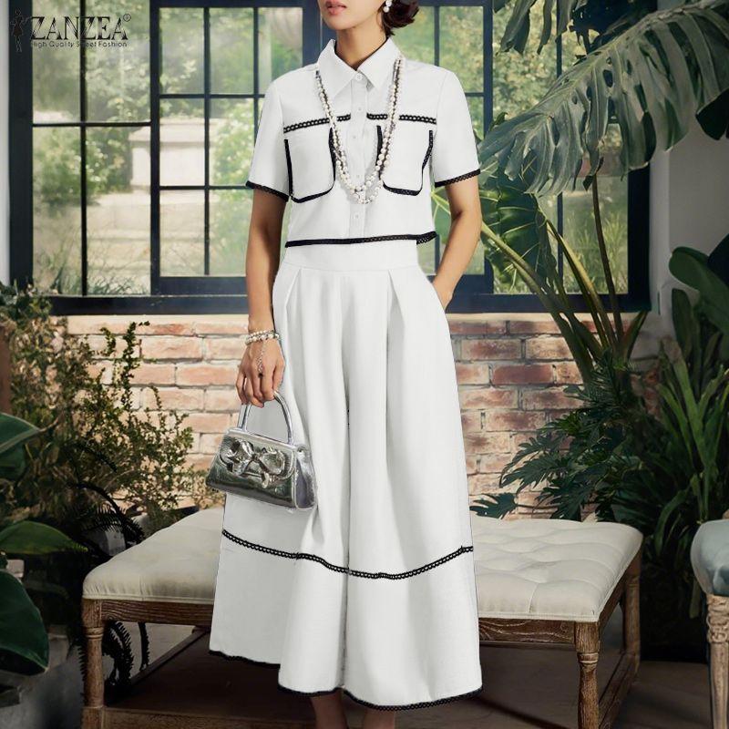 ZANZEA Women Short Sleeve Blouse and Long Skirts Summer Two Piece Suit Sets