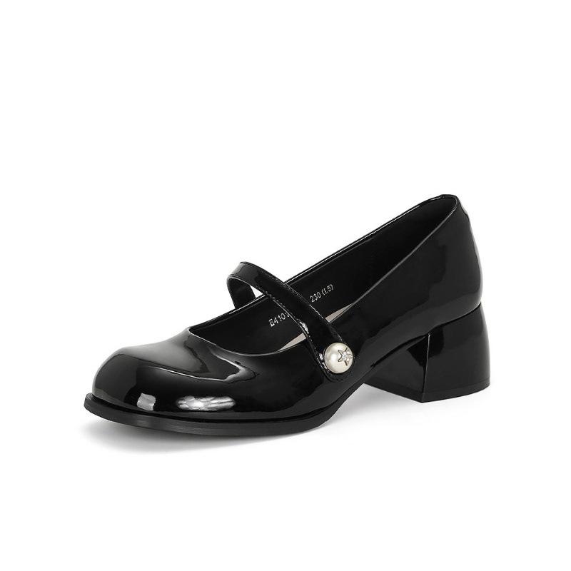 Sheepskin round head thick heel pearl word with thick heel Mary Jane shoes women's high heels versatile light mouth single shoes