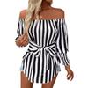 Neues Damenmode Lässiges Off-Shoulder Laternenärmel Asymmetrischer Saum Gestreiftes Hemd