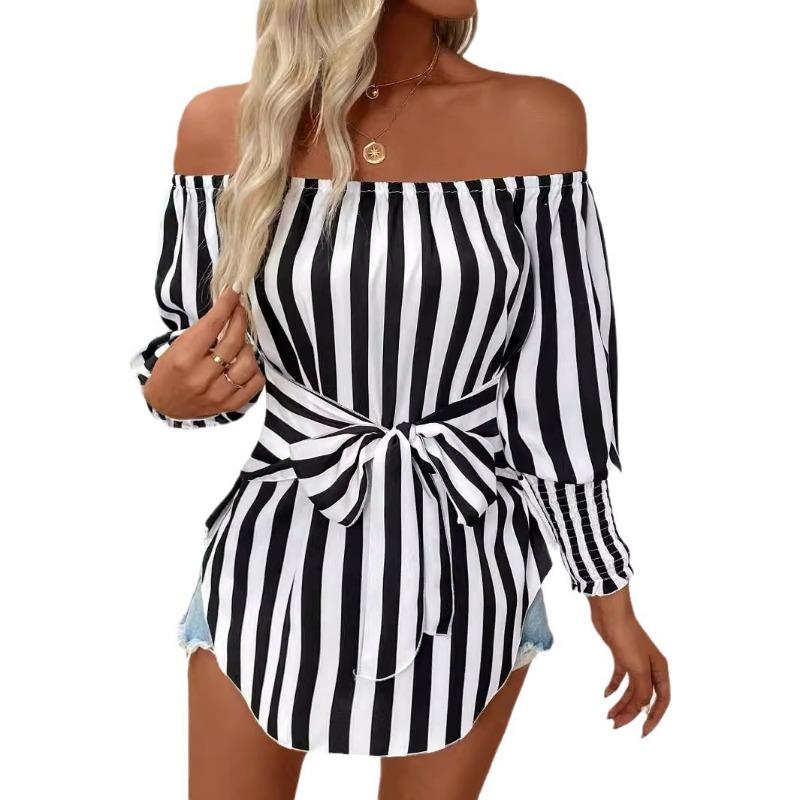 Neues Damenmode Lässiges Off-Shoulder Laternenärmel Asymmetrischer Saum Gestreiftes Hemd