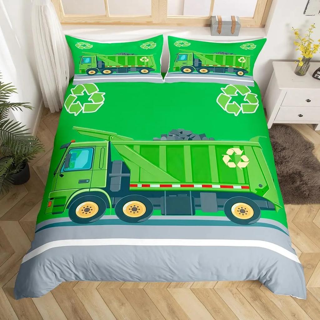 Cartoon Garbage Truck Duvet Cover Green Trash Truck Bedding Set Green Vehicle Car Comforter Cover Garbage Truck Toy Quilt Cover