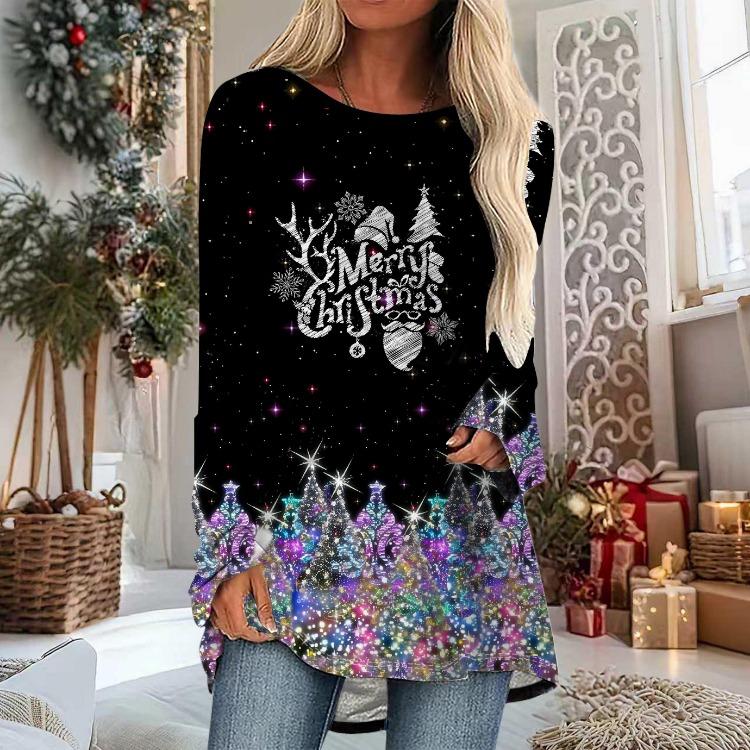 Christmas Snowman Printed Plus Size Women Tops Comfy Long Sleeve Round Collar Baggy T-shirt Casual Mid Length Tee Spring