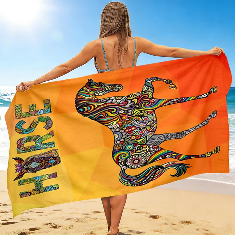 1Pc Colorful Horse Artwork Beach Towel, Quick Dry, Multi-Use for Beach Pool Gym Yoga Home Travel, Christmas, Halloween, Xmas Gift S929445