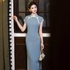 Blue Ice Silk Cheongsam Dress Women Long Vintage Style Stand Collar Half Sleeve 2026