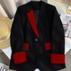 Trendy Slim Fit Black Blazer Spring Autumn Casual Chinese Style Contrast Suit Jacket