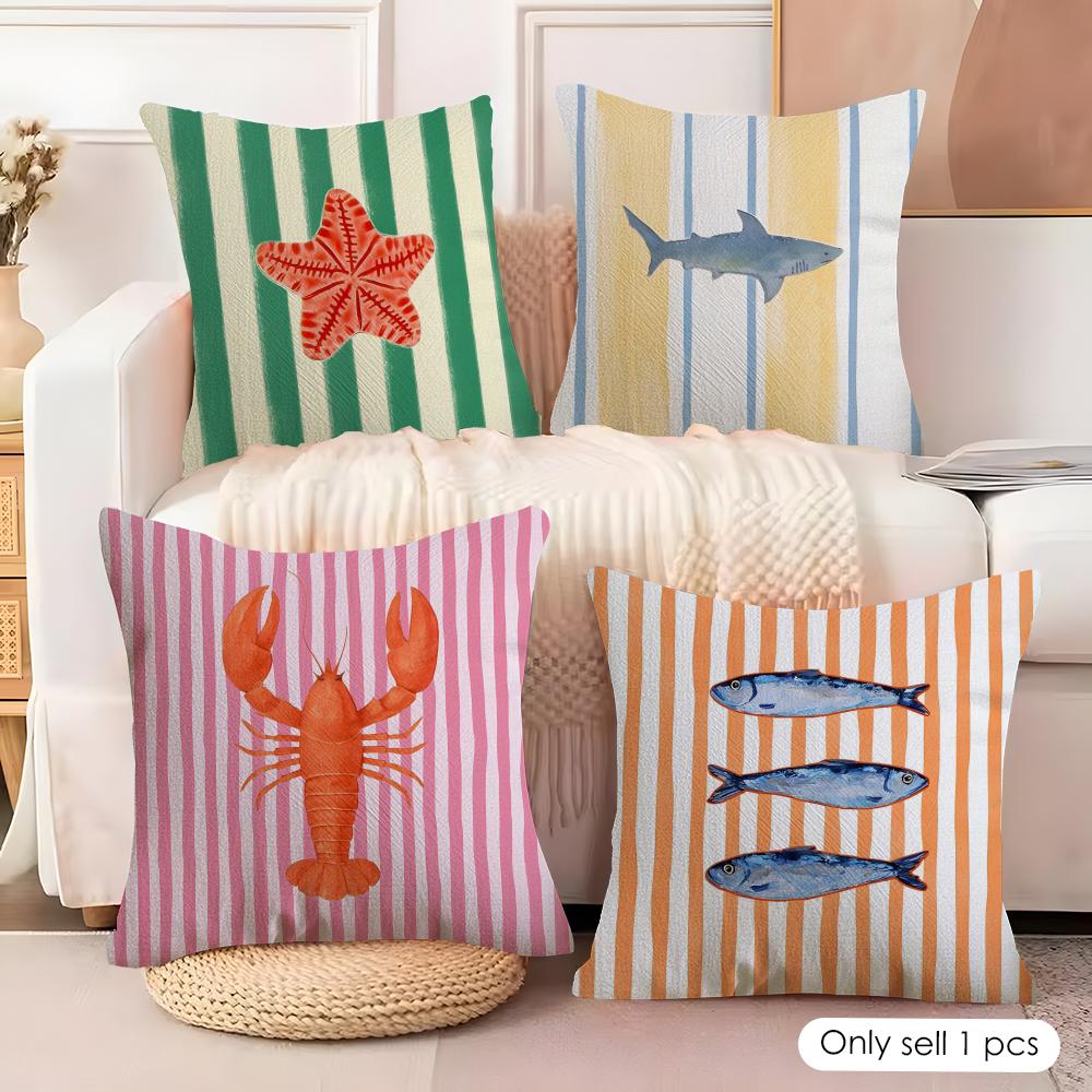 Ocean Life Theme Striped Double-Sided Printed Pillow Cover Short Plush Suitable Living Rooms Bedrooms Sofas Throw Cushion Cover