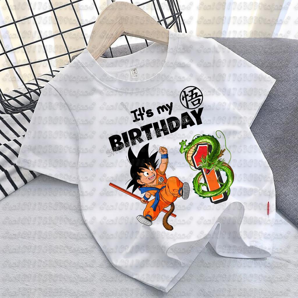 Dragon Ball Goku T-shirt for Children Birthday Figure Tee Top Boy Girl Clothes Anime Short Sleeve Kids White Loose Gift