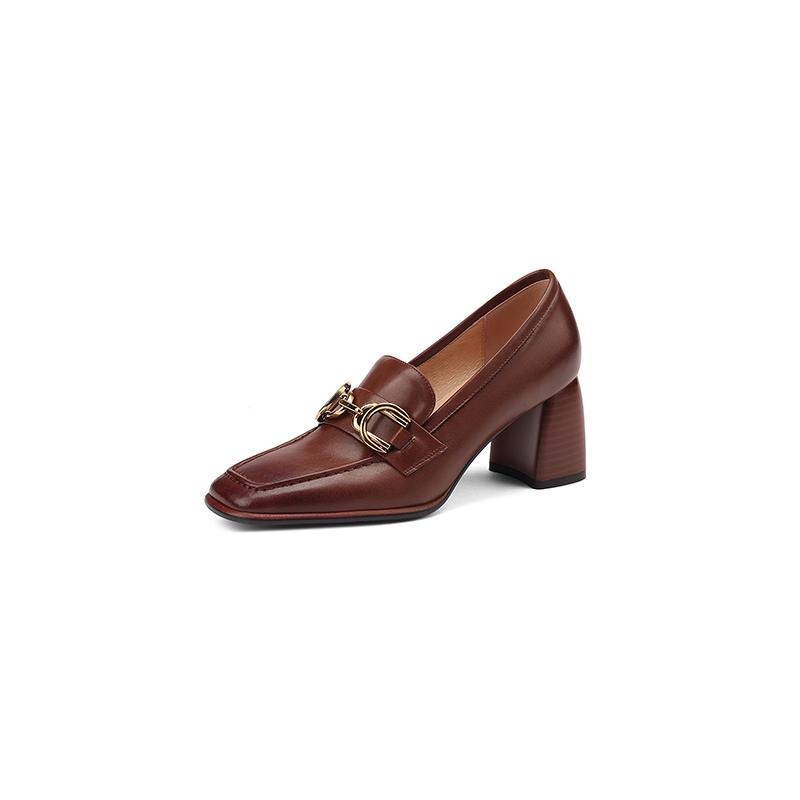 2024 Spring New Genuine Leather Women Shoes Leisure Women Slip-On Shallow Pumps Square Toe Heels Shoes Women Zapatos De Mujer