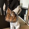 Autumn Fashion Versatile Woolen Plaid Shoulder Bag Retro Leopard Print Portable Commuter Canvas Bag Women's Casual Tote Bag