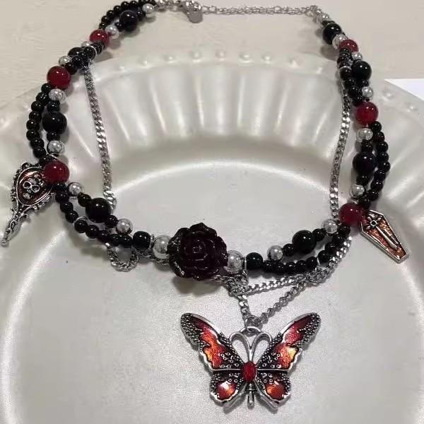 Dark Gothic Butterfly Flower Beaded Necklace Female High Sense Chocker Babes Sweet Cool Collarbone Chain Accessories