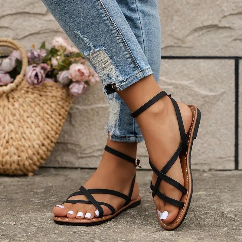 Damen Freizeitsandalen 2024 Neu Sommer Vielseitige Römerschuhe Komfort Flachsohlige Sandalen Strandschuhe Damenschuhe