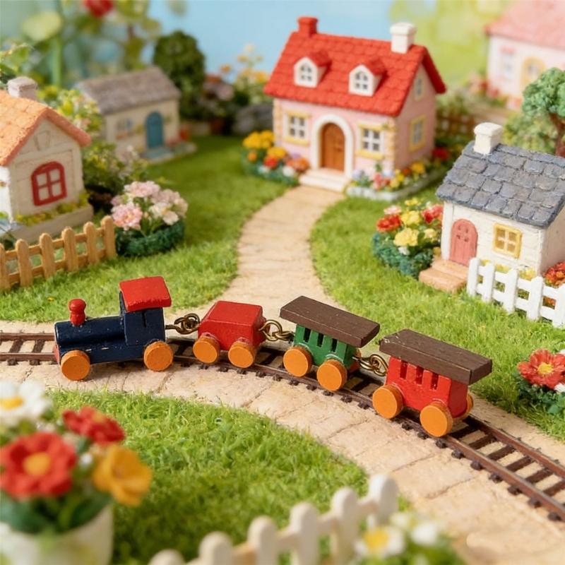1/12 Miniature Wood Train Toy with Vibrancy Color Carriages and Metal Hooks for Doll House Scene Display Enhancement