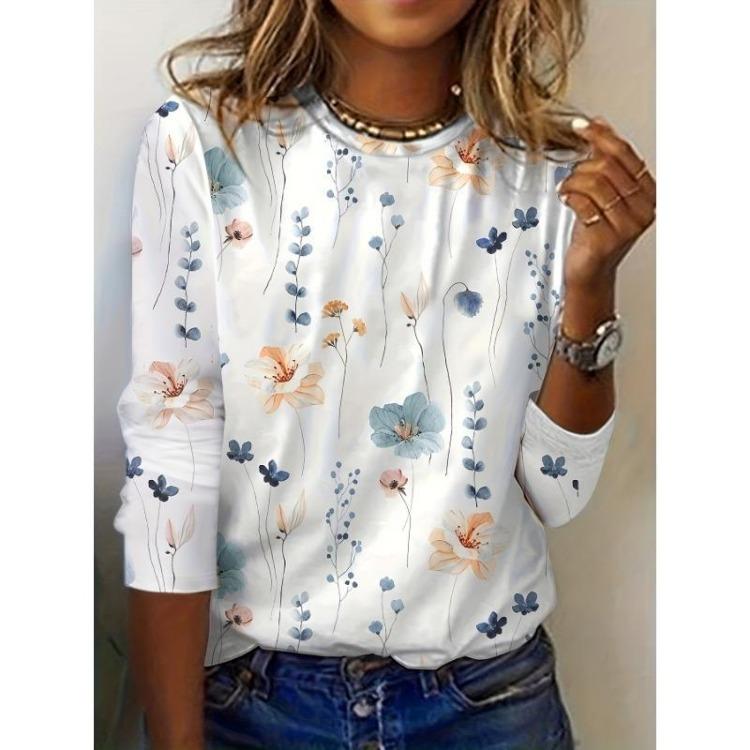 Casual Long Sleeve Women's Floral Print Sweatshirt Spring Fall Clothing Crew Neck