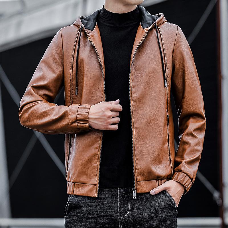Pánská kožená bunda Pu kožená bunda Pánská s kapucí Slim Fit Korejský styl Motocyklová ležérní bunda