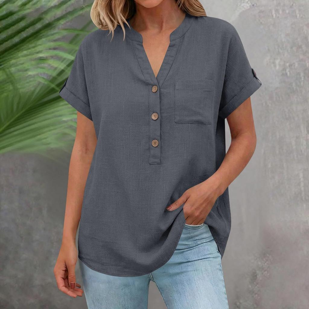 Women's Color Shirt Short Sleeve Button Casual Cotton And Hemp Pocket Top