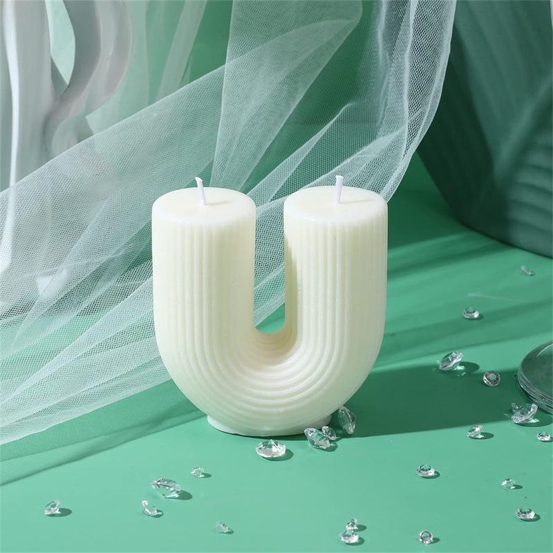 U-Shaped Geometric Striped Scented Candle for Modern Birthday and Home Decor Scene Layout