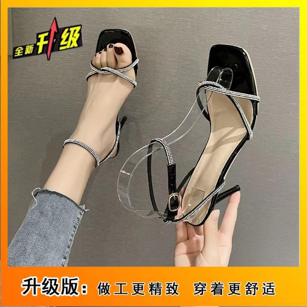 Summer fairy rhinestone open-toed stiletto one-button sandals female versatile square head French silver high heels ins