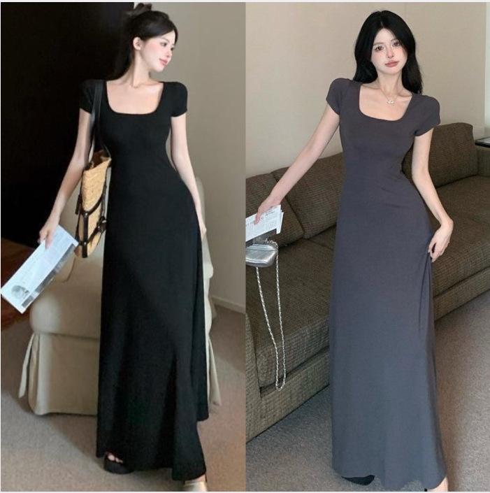 Summer popular coffee break French square neck short sleeve slim waist temperament A-word jumpsuit long skirt