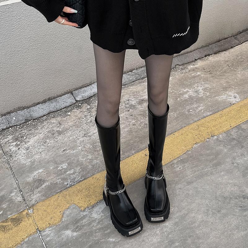 Fashion Metal Punk Style Women Thigh High Boots Fashion Back Zippers Ladies Platform Flats Knight Knee High Boot Winter Thick Sole Shoes