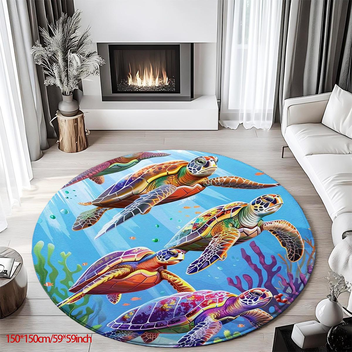 

Flannel Printed Colorful Sea Turtles Round Rug Indoor Carpet for Living Room Bedroom Anti Slip Soft Floor Mat Underwater Theme 60CM(23.6inch)