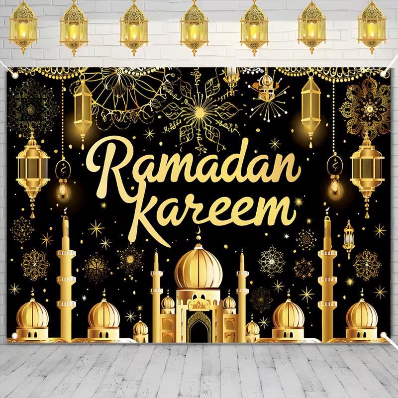 2D Elegant Gold Mosque and Lantern Photography Background