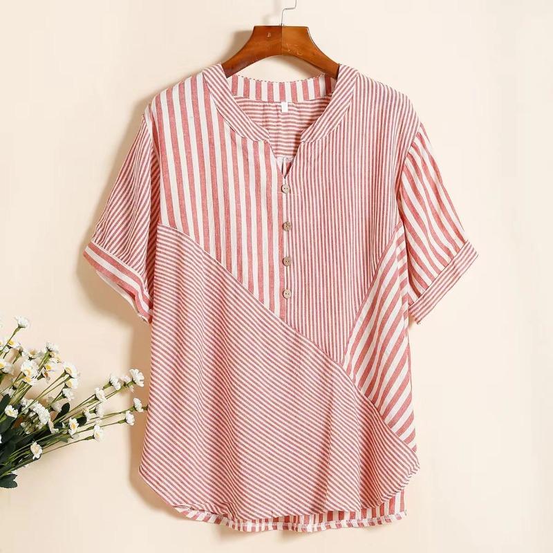 

Striped Patchwork Women s Shirt Loose V-neck Button Decoration Woman Short Sleeved Blouse Summer Casual and Fashionable Ladies Pullover Top one size рожевий