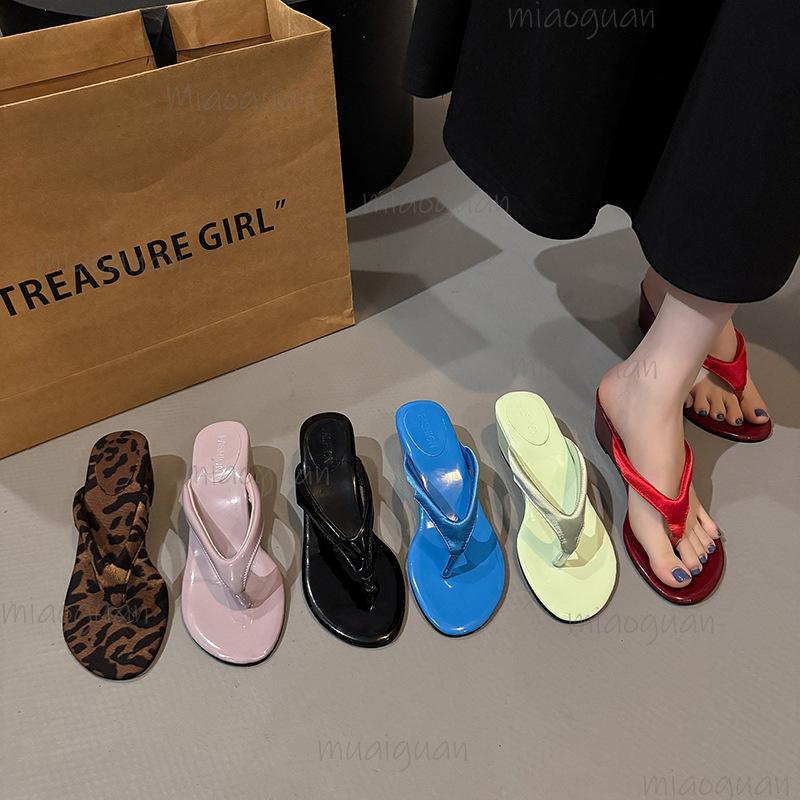 Fashion Wedges High-heeled Flip Flops Summer Footwear Women Leopard Solid Color Beach Sandals Fashion Casual Slippers Zapatos De Mujer