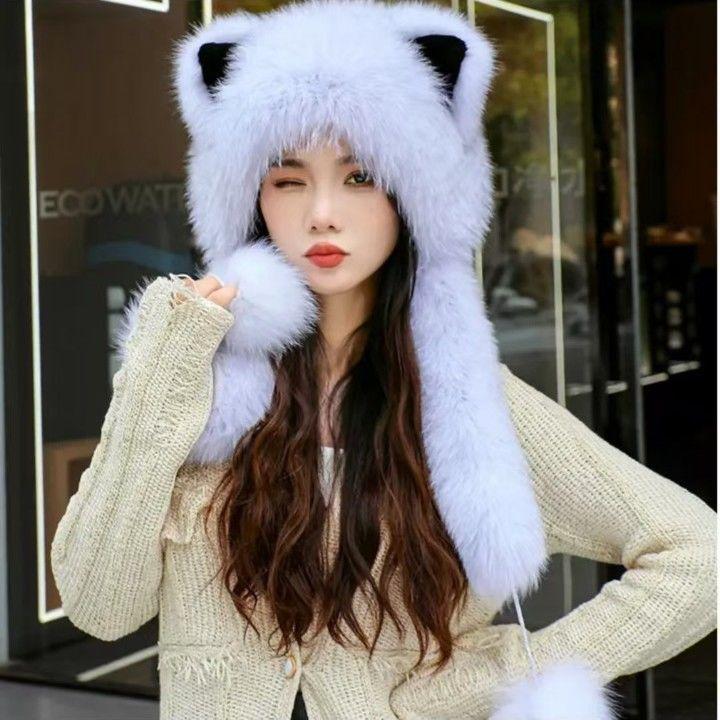 Chapeau d'oreille élégant et mignon en peluche imitation, grandes oreilles de renard, protection d'oreille, écharpe intégrée, chapeau chaud épais pour l'automne et l'hiver