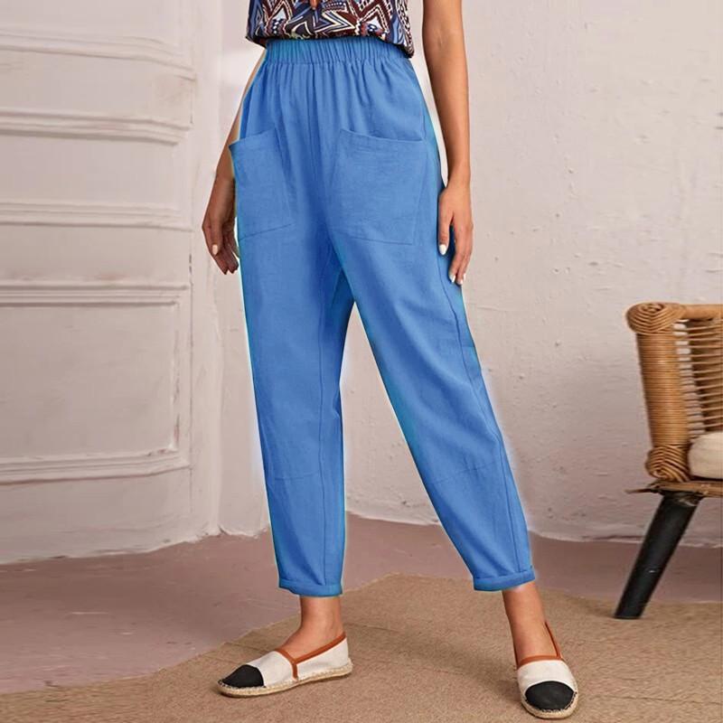 Cotton and Linen Nine-point Pants Elastic Waist Casual Pants Pocket Feet Pants Ladies