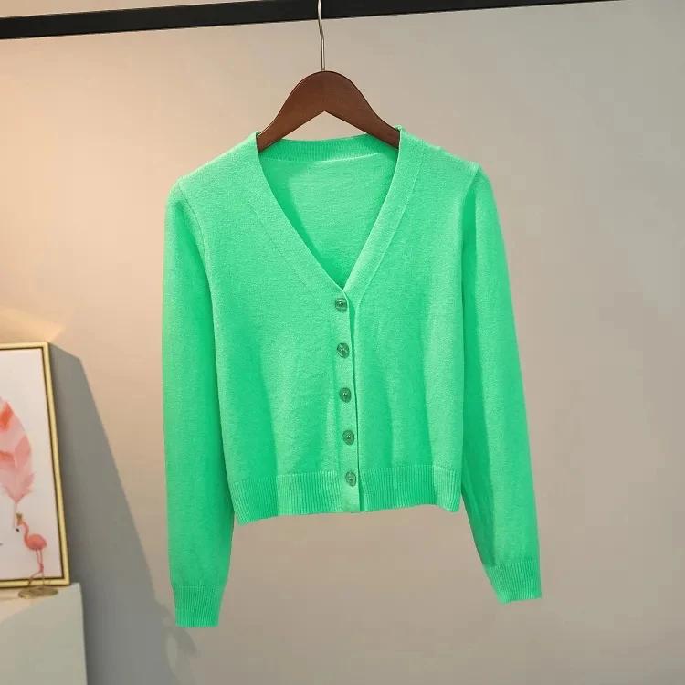 

Свитер вязаный кардиган куртка на пуговицах Корея осень зима V-образный вырез длинный рукав повседневные короткие топы для женщин свитер серый белый L армия зеленый