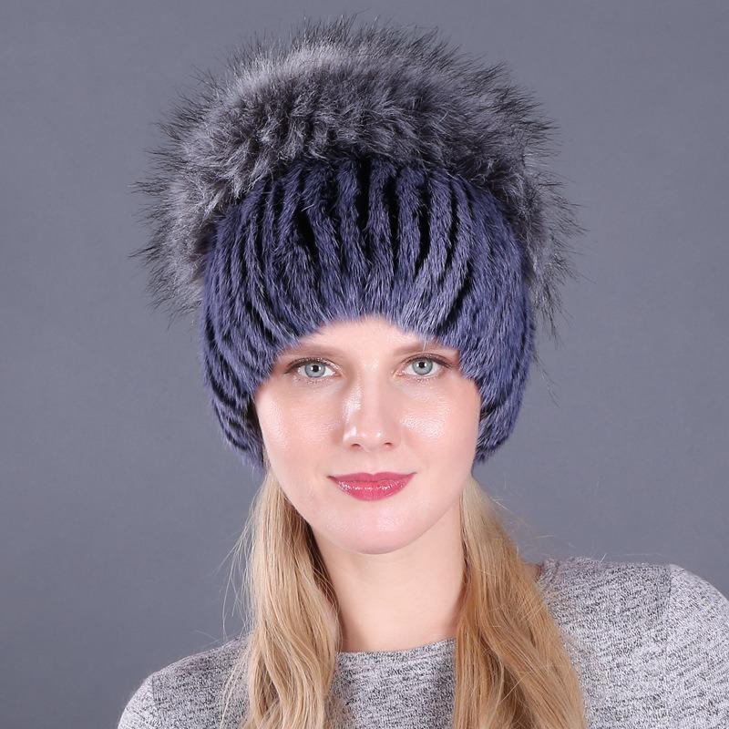 Autumn and Winter Women's Rabbit Fur Cap Casual Warm Ear Protection Knitted Caps