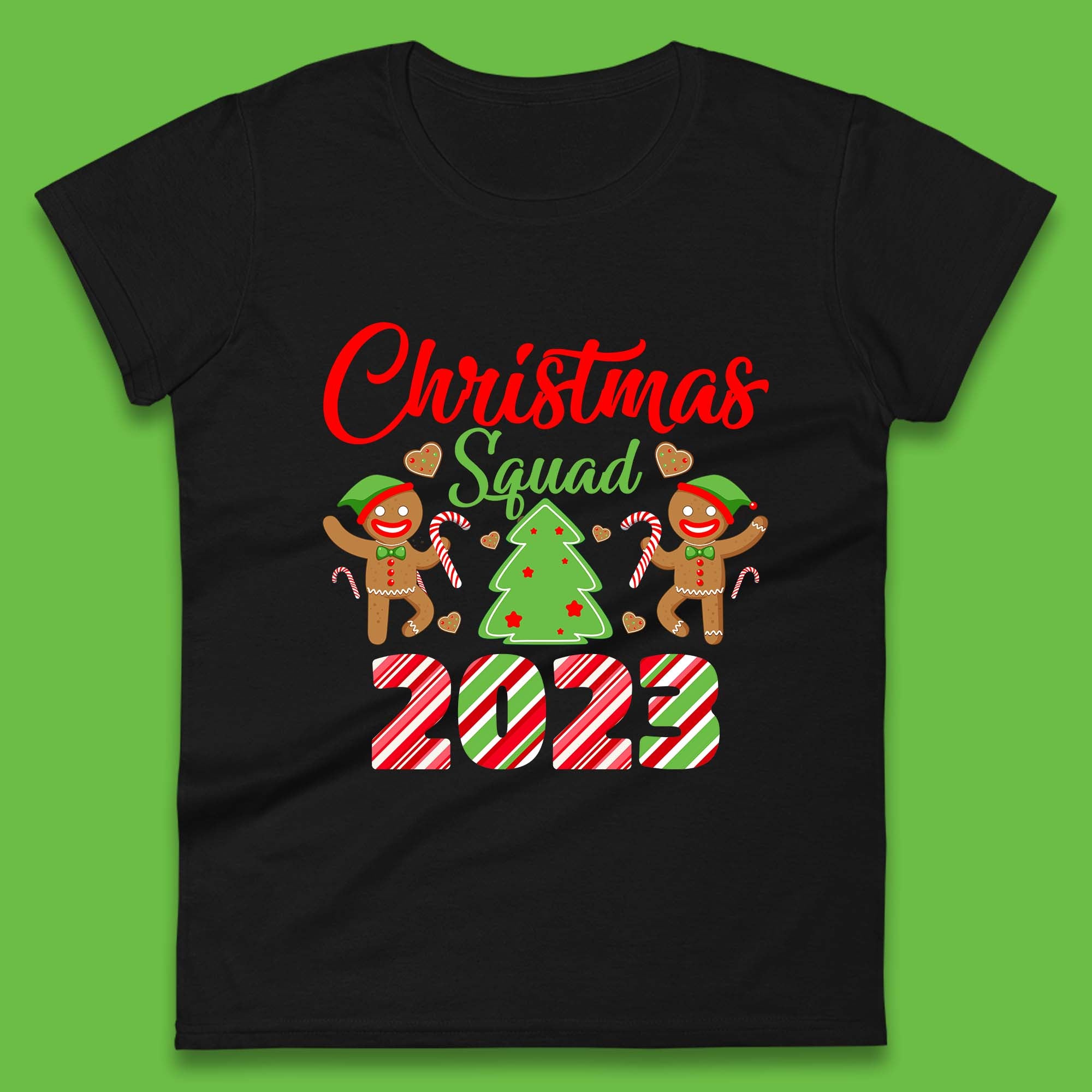 

Christmas Squad 2023 Christmas Tree Xmas Gingerbread Man with Candy Cane Womens Tee T Shirt Mens Tops Unisex Top XL
