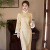 Womens Long Sleeve Chinese Style Dress Winter Warm Lined Yellow Brocade Qipao Vintage Daily Wear