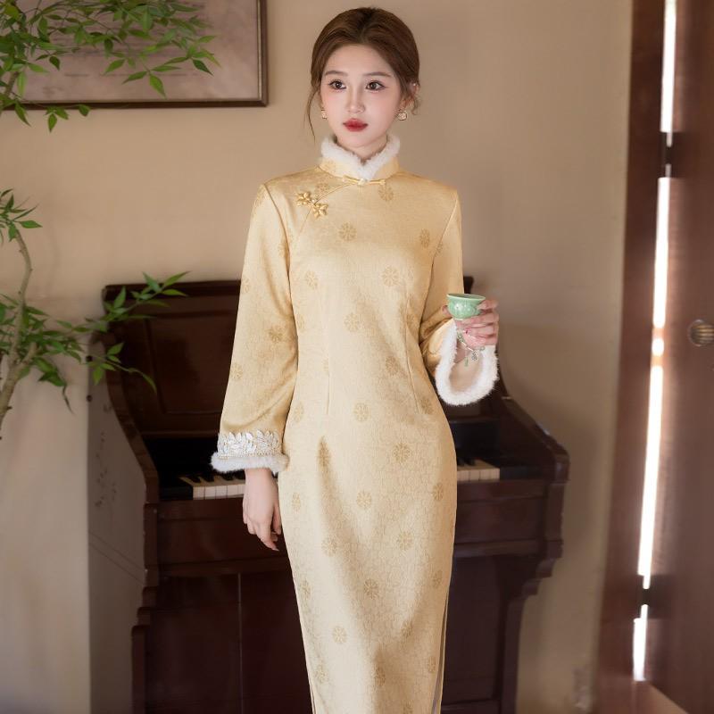 Womens Long Sleeve Chinese Style Dress Winter Warm Lined Yellow Brocade Qipao Vintage Daily Wear