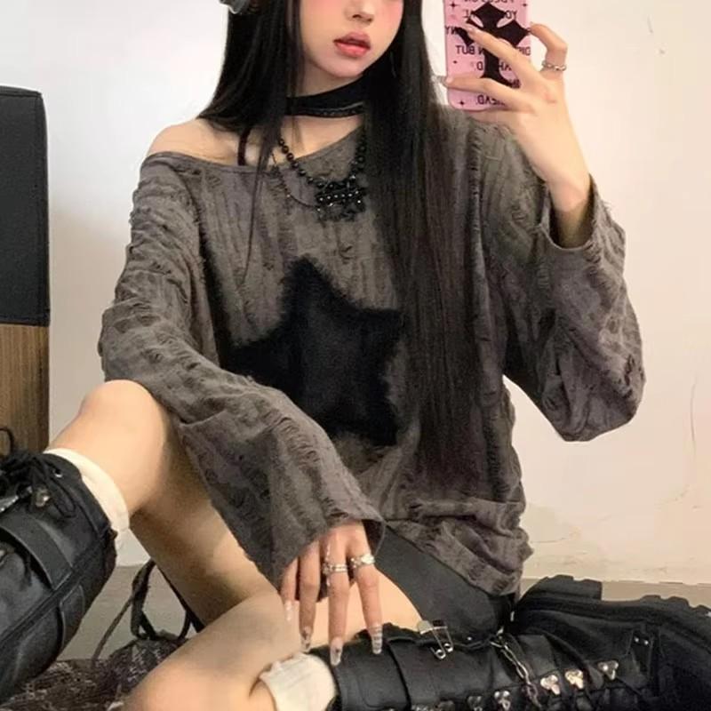 Y2K Hole Star Print T-Shirt Women Fashion Streetwear Off Shoulder Tops Summer Oversized Kpop Long Sleeve Loose Tees Ladies