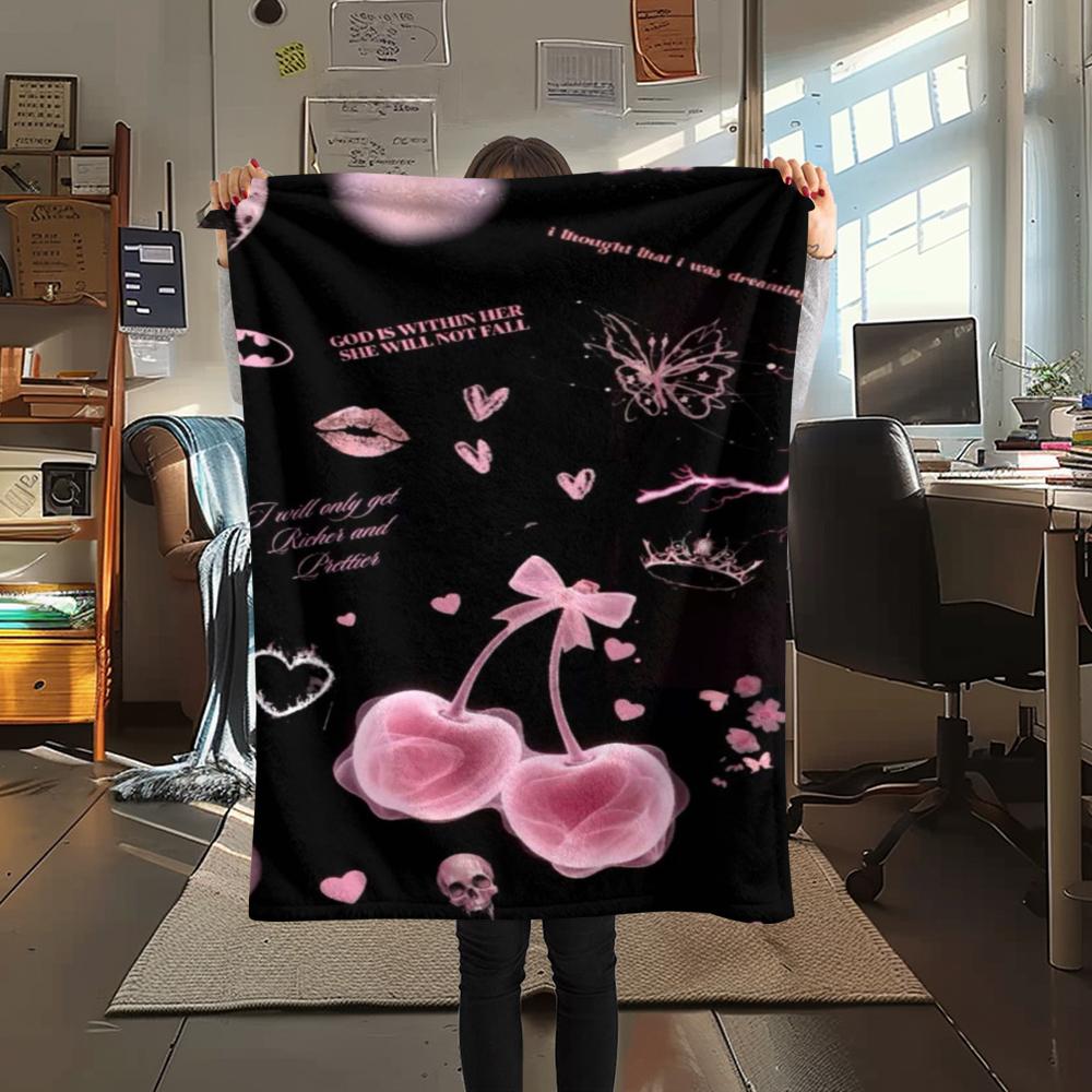 1Pc Pink Bow Butterfly Print Flannel Blanket, High Quality Comfortable for All Seasons, Home Decor, Warmth and Comfort, Perfect for Gifts