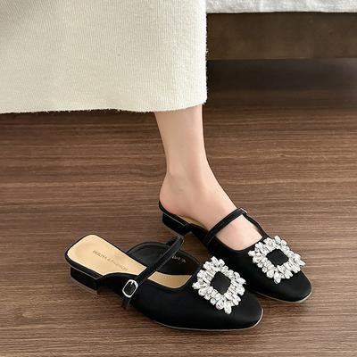 Y523-7 Sens du design strass français polyvalent printemps et automne nouvelles chaussures de soirée douces talon épais bout sac pantoufles femmes