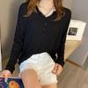 V-Neck Button-Down Long-Sleeve Modal T-Shirt - Loose Fit, Solid Color, All-Match Autumn Top